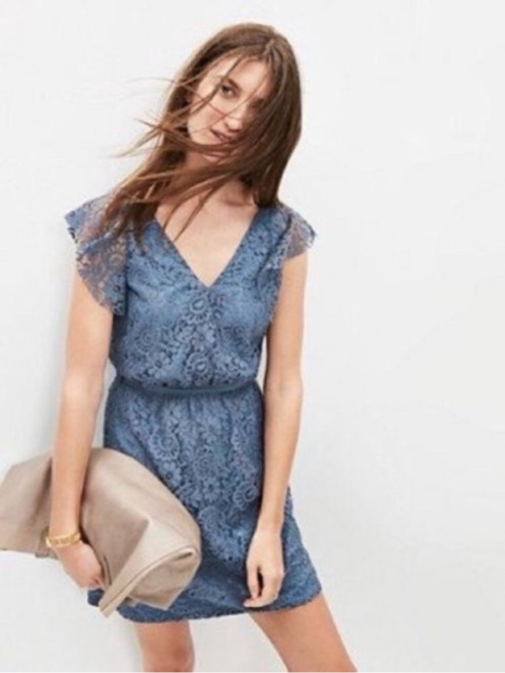 Madewell Blue Lace Dress Size 6 Flutter Sleeve Boho Wedding Guest Midi